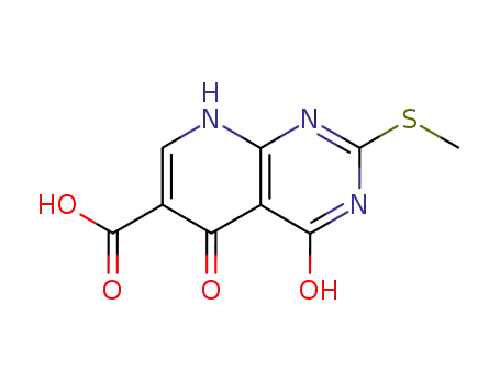 Molecular Structure of 34259-41-1 (2-(methylsulfanyl)-4,5-dioxo-1,4,5,8-tetrahydropyrido[2,3-d]pyrimidine-6-carboxylic acid)