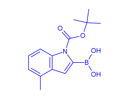 Molecular Structure of 352359-21-8 (1H-Indole-1-carboxylic acid, 2-borono-4-methyl-, 1-(1,1-dimethylethyl) ester)
