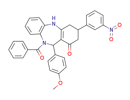 Molecular Structure of 354539-30-3 (10-benzoyl-3-{3-nitrophenyl}-11-(4-methoxyphenyl)-2,3,4,5,10,11-hexahydro-1H-dibenzo[b,e][1,4]diazepin-1-one)