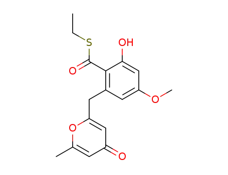 Molecular Structure of 102357-95-9 (2-Hydroxy-4-methoxy-6-(6-methyl-4-oxo-4H-pyran-2-ylmethyl)-thiobenzoic acid S-ethyl ester)