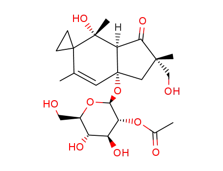 Molecular Structure of 135540-05-5 (Spiro[cyclopropane-1,5'-[5H]inden]-3'(2'H)-one,7'a-[(2-O-acetyl-b-D-glucopyranosyl)oxy]-1',3'a,4',7'a-tetrahydro-4'-hydroxy-2'-(hydroxymethyl)-2',4',6'-trimethyl-,(2'S,3'aR,4'R,7'aR)- (9CI))