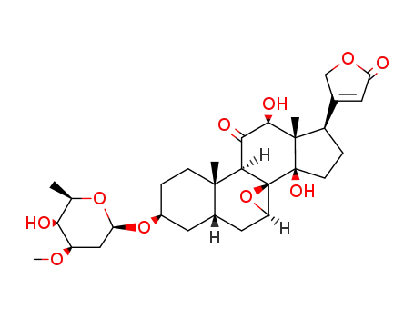 Molecular Structure of 117332-55-5 (Card-20(22)-enolide,3-[(2,6-dideoxy-3-O-methyl-a-L-arabino-hexopyranosyl)oxy]-7,8-epoxy-12,14-dihydroxy-11-oxo-, (3b,5b,7b,12a)- (9CI))