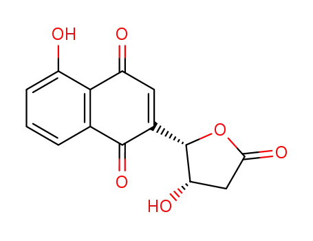Molecular Structure of 38637-88-6 (1,4-Naphthalenedione,5-hydroxy-2-[(2R,3R)-tetrahydro-3-hydroxy-5-oxo-2-furanyl]-)