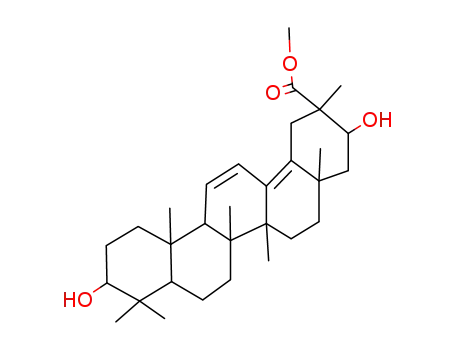 Molecular Structure of 38987-84-7 (Oleana-11,13(18)-dien-29-oic acid, 3,21-dihydroxy-, methyl ester, (3be ta,20alpha,21alpha)-)