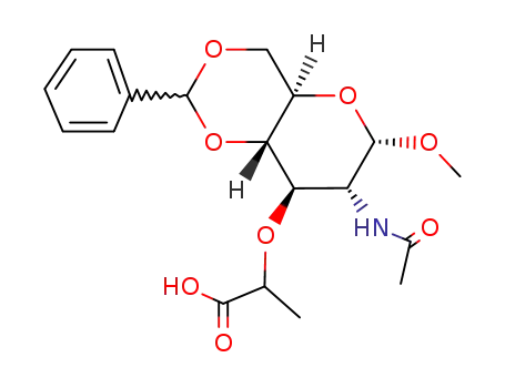 Molecular Structure of 40642-89-5 (2-((4aR,6S,7R,8R,8aS)-7-Acetylamino-6-methoxy-2-phenyl-hexahydro-pyrano[3,2-d][1,3]dioxin-8-yloxy)-propionic acid)