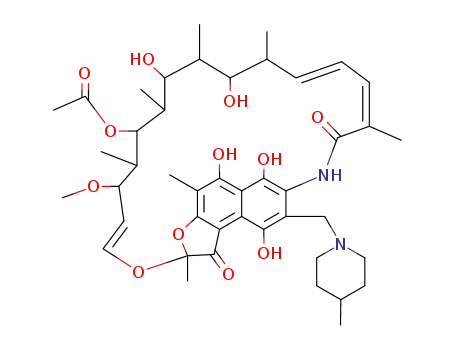 Molecular Structure of 4075-47-2 ((14E,24E)-5,6,9,17,19-pentahydroxy-23-methoxy-2,4,12,16,18,20,22-heptamethyl-8-[(4-methylpiperidin-1-yl)methyl]-1,11-dioxo-1,2-dihydro-2,7-(epoxypentadeca[1,11,13]trienoimino)naphtho[2,1-b]furan-21-yl acetate)