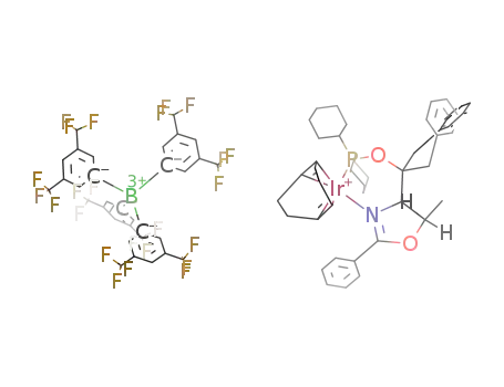 Molecular Structure of 880262-14-6 (((4R,5R)-(+)-O-[1-Benzyl-1-(5-methyl-2-phenyl-4,5-dihydrooxazol-4-yl)-2-phenylethyl](dicyclohexylphosphinite)(1,5-COD)iridium(I)tetrakis(3,5-bis(trifluoromethyl)phenylborate,min.97%)