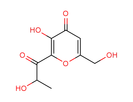 Molecular Structure of 412022-21-0 (4H-Pyran-4-one, 3-hydroxy-6-(hydroxymethyl)-2-(2-hydroxy-1-oxopropyl)- (9CI))
