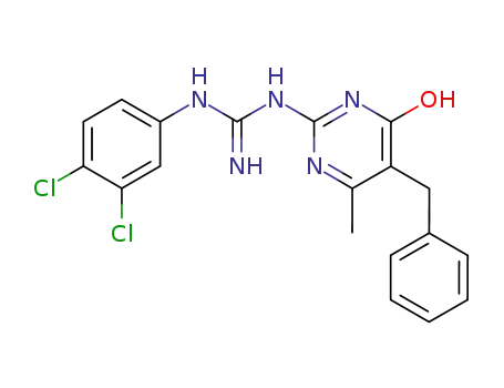 Molecular Structure of 51388-22-8 (2-(5-benzyl-6-methyl-4-oxo-1,4-dihydropyrimidin-2-yl)-1-(3,4-dichlorophenyl)guanidine)