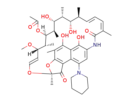 Molecular Structure of 37952-81-1 ((14E)-5,6,17,19-tetrahydroxy-23-methoxy-2,4,12,16,18,20,22-heptamethyl-1,11-dioxo-9-piperidin-1-yl-1,2-dihydro-2,7-(epoxypentadeca[1,11,13]trienoimino)naphtho[2,1-b]furan-21-yl acetate)