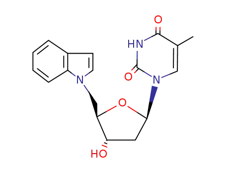 Molecular Structure of 53383-01-0 (1-[2,5-dideoxy-5-(1H-indol-1-yl)pentofuranosyl]-5-methylpyrimidine-2,4(1H,3H)-dione)