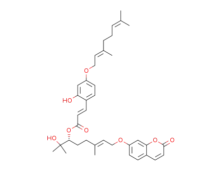 Molecular Structure of 142628-36-2 ((R)-6-O-(4-geranyloxy-2-hydroxy)cinnamoylmarmin)