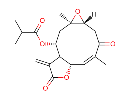 Molecular Structure of 72301-73-6 (Isobutyric acid (Z)-(1aR,5aS,9R,10aR)-4,10a-dimethyl-8-methylene-3,7-dioxo-1a,2,3,5a,7,8,8a,9,10,10a-decahydro-1,6-dioxa-cyclopenta[a]cyclopropa[e]cyclodecen-9-yl ester)