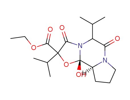 Molecular Structure of 60828-46-8 (ethyl 10b-hydroxy-3,6-dioxo-2,5-di(propan-2-yl)octahydro-8H-[1,3]oxazolo[3,2-a]pyrrolo[2,1-c]pyrazine-2-carboxylate)