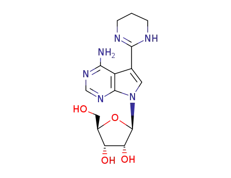 Molecular Structure of 55470-41-2 (7-pentofuranosyl-5-(1,4,5,6-tetrahydropyrimidin-2-yl)-7H-pyrrolo[2,3-d]pyrimidin-4-amine)