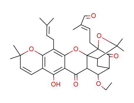 Molecular Structure of 1065-26-5 (2-Butenal,4-[6-ethoxy-3a,4,5,6,6a,7-hexahydro-8-hydroxy-3,3,11,11-tetramethyl-13-(3-methyl-2-butenyl)-7,15-dioxo-1,5-methano-1H,3H,11H-furo[3,4-g]pyrano[3,2-b]xanthen-1-yl]-2-methyl-(9CI))