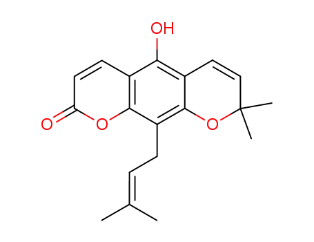 Molecular Structure of 25643-54-3 (5-Hydroxy-8,8-dimethyl-10-(3-methyl-2-butenyl)-2H,8H-benzo[1,2-b:5,4-b']dipyran-2-one)
