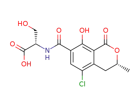 Molecular Structure of 56222-80-1 (N-{[(3R)-5-chloro-8-hydroxy-3-methyl-1-oxo-3,4-dihydro-1H-isochromen-7-yl]carbonyl}-L-serine)