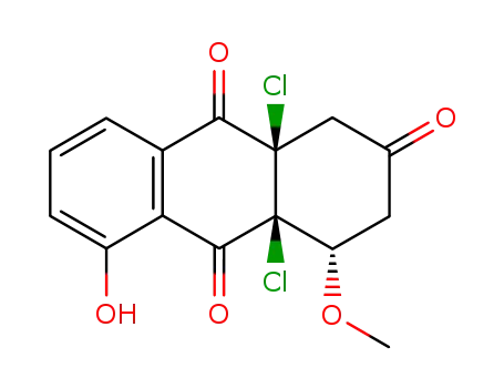 Molecular Structure of 127042-28-8 ((4S,4aS,9aR)-4a,9a-Dichloro-5-hydroxy-4-methoxy-3,4,4a,9a-tetrahydro-1H-anthracene-2,9,10-trione)