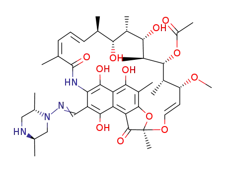 Molecular Structure of 57029-82-0 ((8E,24E)-8-{[(2,5-dimethylpiperazin-1-yl)amino]methylidene}-5,6,17,19-tetrahydroxy-23-methoxy-2,4,12,16,18,20,22-heptamethyl-1,9,11-trioxo-1,2,8,9-tetrahydro-2,7-(epoxypentadeca[1,11,13]trienoimino)naphtho[2,1-b]furan-21-yl acetate)
