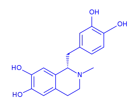 Molecular Structure of 57231-32-0 ((R)-1-[(3,4-dihydroxyphenyl)methyl]-1,2,3,4-tetrahydro-2-methylisoquinoline-6,7-diol)