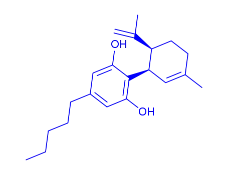 Molecular Structure of 521-37-9 (2-[(6R)-3-methyl-6-prop-1-en-2-yl-1-cyclohex-2-enyl]-5-pentyl-benzene-1,3-diol)
