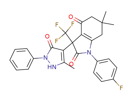 Molecular Structure of 577765-24-3 (1-(4-fluorophenyl)-6,6-dimethyl-3-(5-methyl-3-oxo-2-phenyl-2,3-dihydro-1H-pyrazol-4-yl)-3-(trifluoromethyl)-3,5,6,7-tetrahydro-1H-indole-2,4-dione)