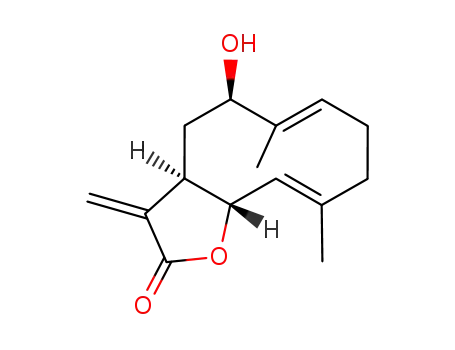 Molecular Structure of 68715-67-3 ((3aS,5S,6E,10E,11aR)-3a,4,5,8,9,11a-Hexahydro-5-hydroxy-6,10-dimethyl-3-methylenecyclodeca[b]furan-2(3H)-one)