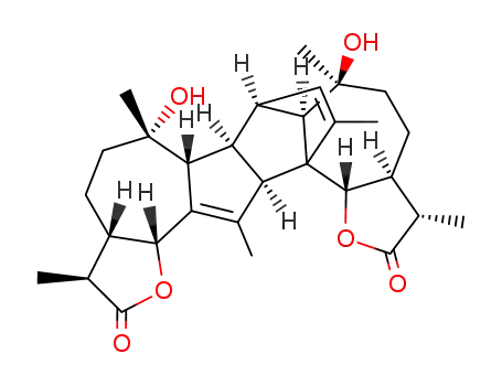 Molecular Structure of 11029-90-6 (2H-7,13b-Ethenopentaleno[1'',2'':6,7;5'',4'':6',7']dicyclohepta[1,2-b:1',2'-b']difuran-2,12(11H)-dione,3,3a,4,5,6,6a,6b,7,7a,8,9,10,10a,13a,13c,14b-hexadecahydro-6,8-dihydroxy-3,6,8,11,14,15-hexamethyl-,(3S,3aS,6S,6aR,6bS,7S,7aR,8S,10aS,11S,13aS,13bR,13cR,14bR)-)