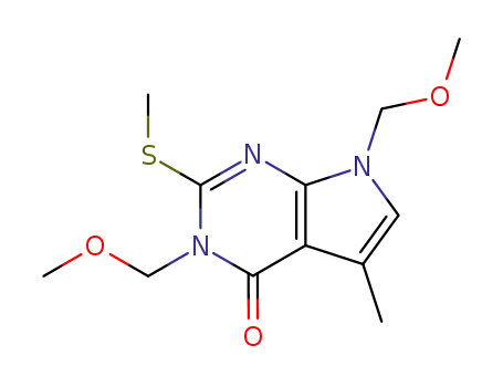 Molecular Structure of 62805-58-7 (4H-Pyrrolo[2,3-d]pyrimidin-4-one,
3,7-dihydro-3,7-bis(methoxymethyl)-5-methyl-2-(methylthio)-)