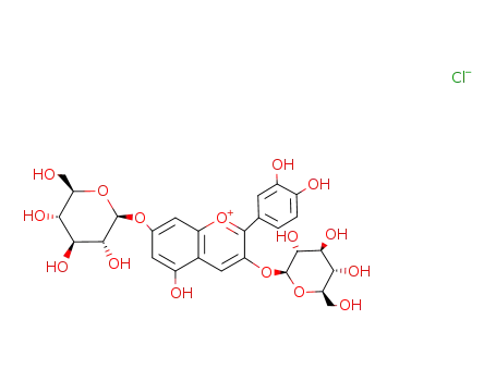 Molecular Structure of 64963-53-7 (2-(3,4-dihydroxyphenyl)-3-(beta-D-glucopyranosyloxy)-5-hydroxychromenium-7-yl beta-D-glucopyranoside chloride)
