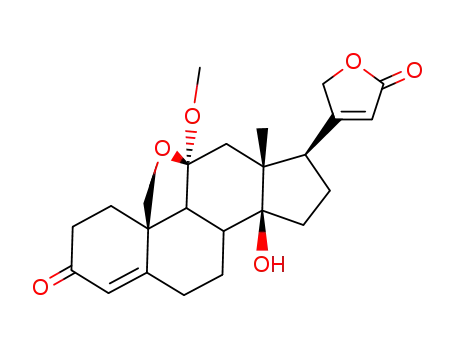 Molecular Structure of 6957-74-0 (14-hydroxy-11-methoxy-3-oxo-11,19-epoxycarda-4,20(22)-dienolide)