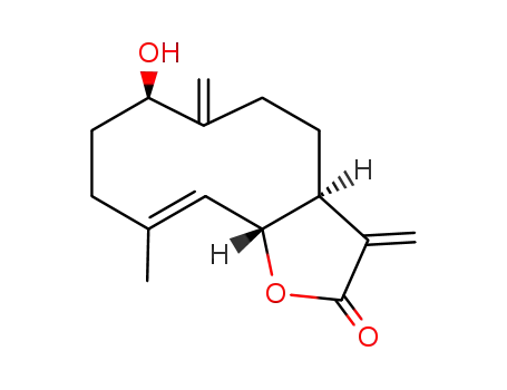 Molecular Structure of 64845-92-7 ((3aS,10E)-3,6-Dimethylene-7α-hydroxy-10-methyl-2,3,3aβ,4,5,6,7,8,9,11aα-decahydrocyclodeca[b]furan-2-one)