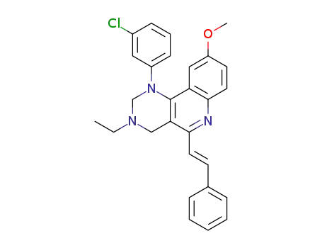 Molecular Structure of 65273-94-1 (1-(3-chlorophenyl)-3-ethyl-9-methoxy-5-(2-phenylethenyl)-1,2,3,4-tetrahydropyrimido[5,4-c]quinoline)