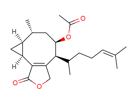 Molecular Structure of 65043-52-9 (5-Acetoxy-4-(1,5-dimethyl-4-hexenyl)-3,4,5,6,7,7a,8,8a-octahydro-7-methyl-1H-cyclopropa[3,4]cycloocta[1,2-c]furan-1-one)
