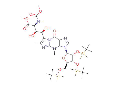 Molecular Structure of 189103-76-2 ((αS,βS,γS)-β,γ-dihydroxy-α-[(methoxycarbonyl)amino]-4,6-dimethyl-9-oxo-3-[2,3,5-tris-O-(tert-butyldimethylsilyl)-β-D-ribofuranosyl]-4,9-dihydro-3H-imidazo[1,2-a]purine-7-butanoic acid methyl ester)