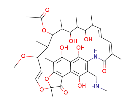 Molecular Structure of 62921-33-9 ((14E,24E)-5,6,9,17,19-pentahydroxy-23-methoxy-2,4,12,16,18,20,22-heptamethyl-8-[(methylamino)methyl]-1,11-dioxo-1,2-dihydro-2,7-(epoxypentadeca[1,11,13]trienoimino)naphtho[2,1-b]furan-21-yl acetate)