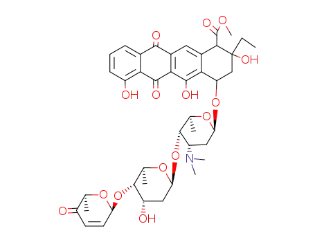 Molecular Structure of 66789-14-8 (methyl 2-ethyl-2,5,7-trihydroxy-6,11-dioxo-4-({2,3,6-trideoxy-4-O-[2,6-dideoxy-4-O-(6-methyl-5-oxo-5,6-dihydro-2H-pyran-2-yl)hexopyranosyl]-3-(dimethylamino)hexopyranosyl}oxy)-1,2,3,4,6,11-hexahydrotetracene-1-carboxylate)