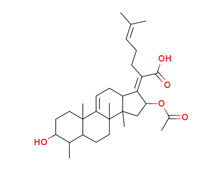Molecular Structure of 74048-41-2 ((8α,13α,14β,17Z)-16β-Acetoxy-3α-hydroxy-9,11-didehydro-29-nor-5α-dammara-17(20),24-dien-21-oic acid)