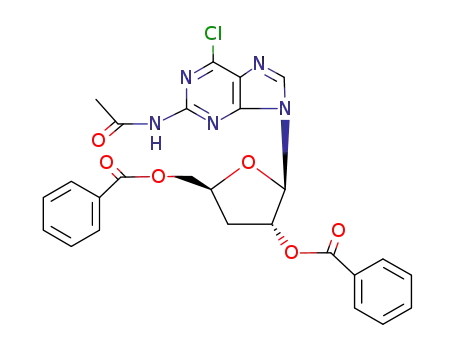 Molecular Structure of 7602-03-1 (N-acetyl-6-chloro-9-(2,5-di-O-benzoyl-3-deoxypentofuranosyl)-9H-purin-2-amine)