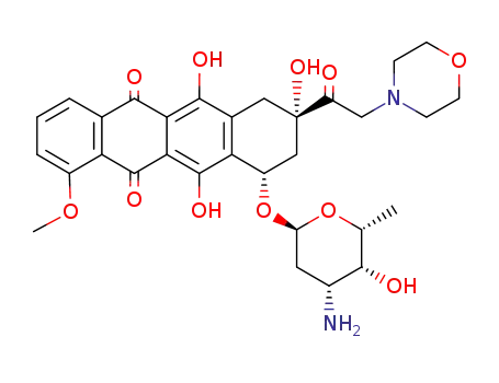 Molecular Structure of 76549-16-1 (3,5,12-trihydroxy-10-methoxy-3-(morpholin-4-ylacetyl)-6,11-dioxo-1,2,3,4,6,11-hexahydrotetracen-1-yl 3-amino-2,3,6-trideoxy-alpha-D-glycero-hexopyranoside)