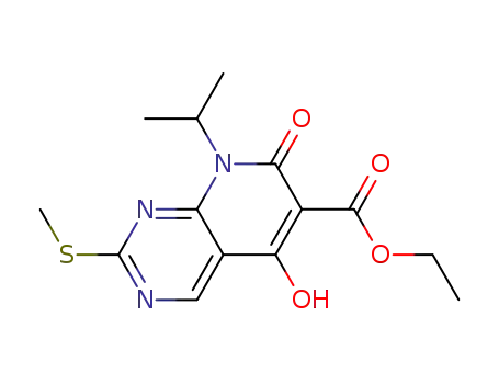 Molecular Structure of 76360-86-6 (ethyl 5-hydroxy-8-isopropyl-2-(methylthio)-7-oxo-7,8-dihydropyrido[2,3-d]pyrimidine-6-carboxylate)