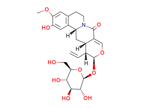 Molecular Structure of 34482-51-4 (6H,8H-Benzo[a]pyrano[3,4-g]quinolizin-8-one,12-ethenyl-11-(b-D-glucopyranosyloxy)-5,11,12,12a,13,13a-hexahydro-2-hydroxy-3-methoxy-,(11S,12R,12aS,13aR)-)
