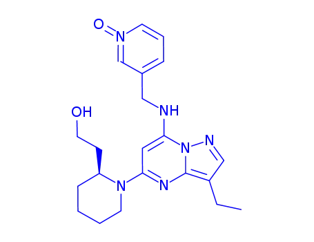 Molecular Structure of 779353-01-4 ((2S)-1-[3-Ethyl-7-[[(1-oxido-3-pyridinyl)methyl]amino]pyrazolo[1,5-a]pyrimidin-5-yl]-2-piperidineethanol)