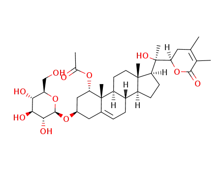 Molecular Structure of 82087-30-7 ([22R,(+)]-1α-Acetyloxy-3β-[(β-D-glucopyranosyl)oxy]-20,22-dihydroxyergosta-5,24-diene-26-oic acid 26,22-lactone)