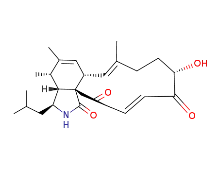 Molecular Structure of 72363-47-4 (1H-Cycloundec(d)isoindole-1,12,15-trione, 2,3,3a,4,6a,9,10,11-octahydr o-11-hydroxy-4,5,8-trimethyl-3-(2-methylpropyl)-, (3S,3aR,4S,6aS,7E,11 S,13E,15aS)-)