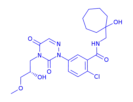 Molecular Structure of 724424-44-6 (Benzamide,
2-chloro-5-[4,5-dihydro-4-[(2S)-2-hydroxy-3-methoxypropyl]-3,5-dioxo-1
,2,4-triazin-2(3H)-yl]-N-[(1-hydroxycycloheptyl)methyl]-)