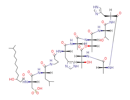 Molecular Structure of 72509-89-8 (N-[[(R)-3-Hydroxy-11-methyl-1-oxododecyl]-L-cysteyl-L-Leu-(4-amino*butyryl)-L-His-L-Ala-]cyclo[L-aThr*-L-Thr-L-His-D-Ala-D-aThr-])