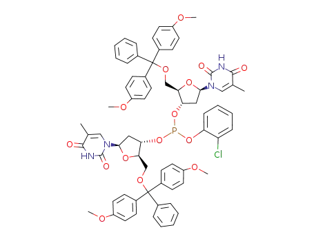 Molecular Structure of 86733-58-6 (Phosphorous acid bis-[(2R,3S,5R)-2-[bis-(4-methoxy-phenyl)-phenyl-methoxymethyl]-5-(5-methyl-2,4-dioxo-3,4-dihydro-2H-pyrimidin-1-yl)-tetrahydro-furan-3-yl] ester 2-chloro-phenyl ester)