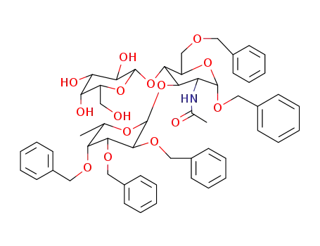 Molecular Structure of 71208-05-4 (2-Acetamido-1,6-di-O-benzyl-3-O-(2,3,4-tri-O-benzyl-b-L-fucopyranosyl)-2-deoxy-4-O-(b-D-galactopyranosyl)-a-D-glucopyranoside)